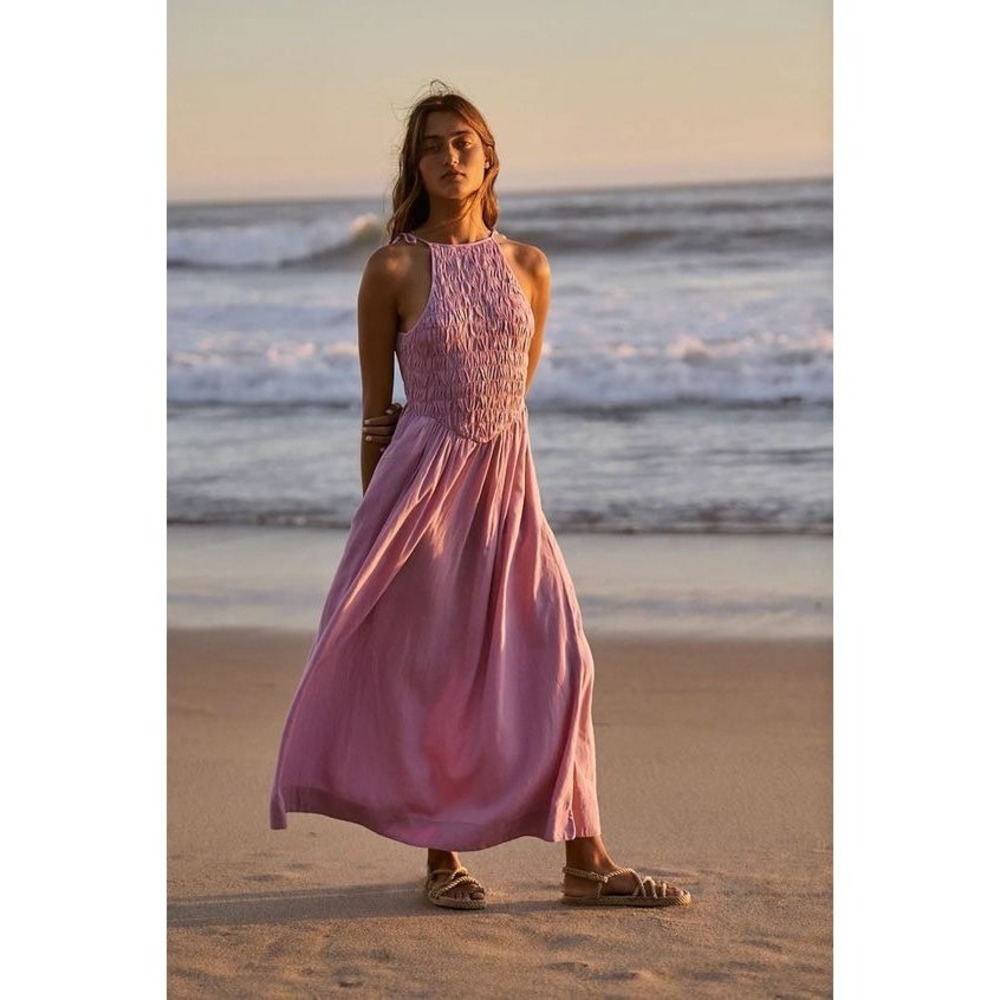 Free People Oasis Smocked Midi Dress Orchid Purple Linen Blend Small OB132054